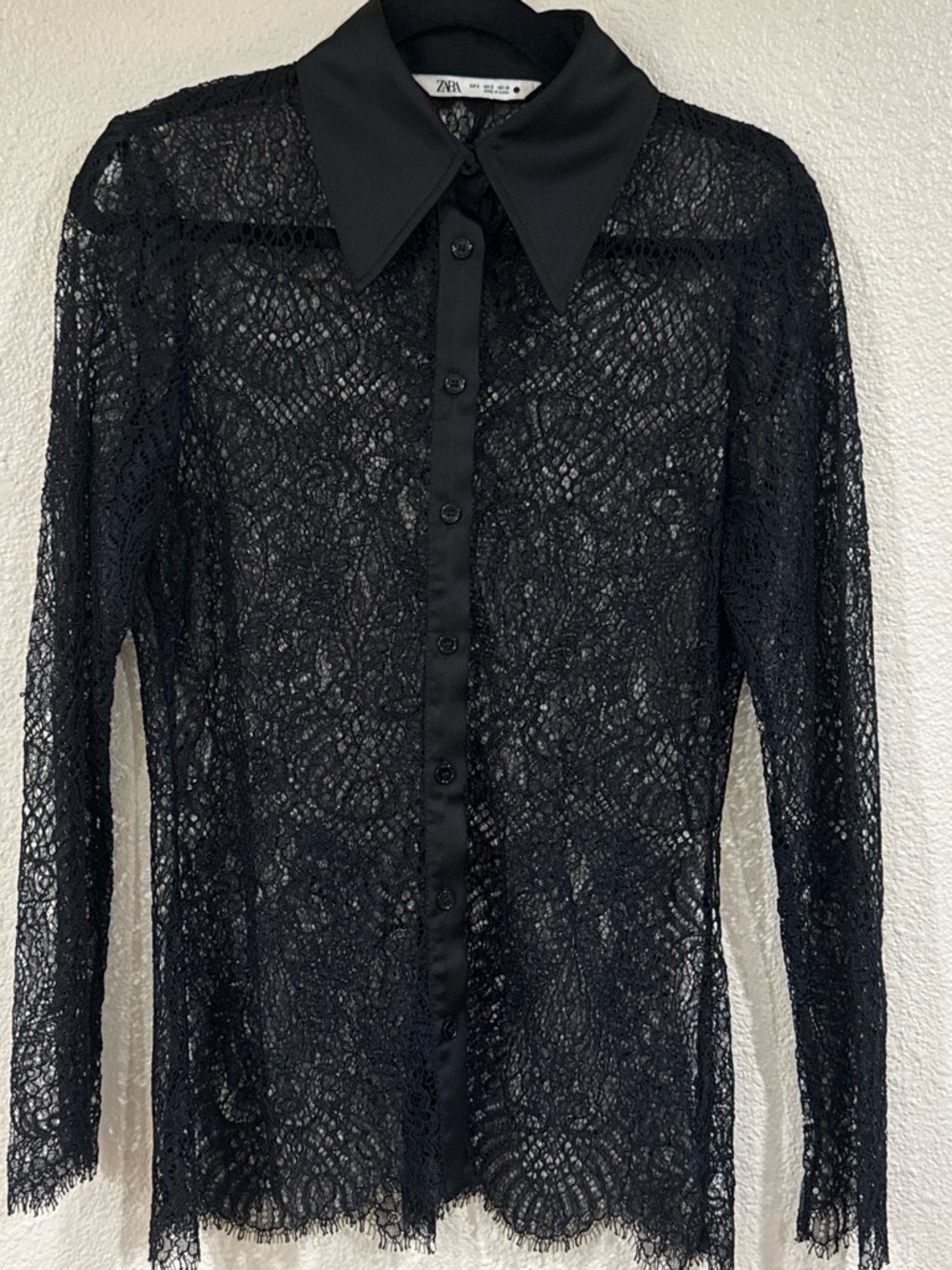 ZARA Black Sheer Lace Button-Up Blouse